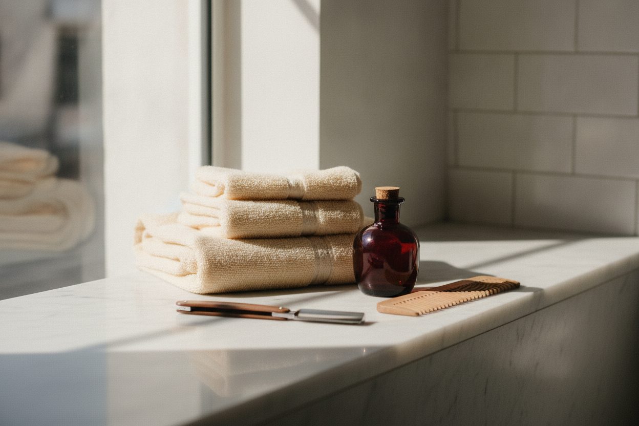 Folded cream towels, a straight razor, comb and small bottle on a marble shelf in sunlight