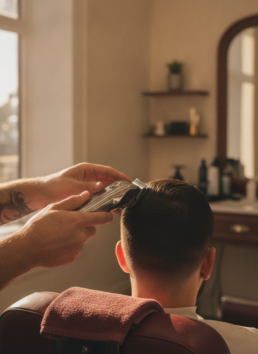 Close detail of a barber running clippers through a clean fade
