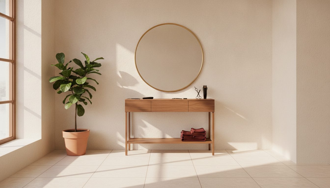 A bright, airy barbershop and salon interior with a round mirror, wooden station and warm daylight