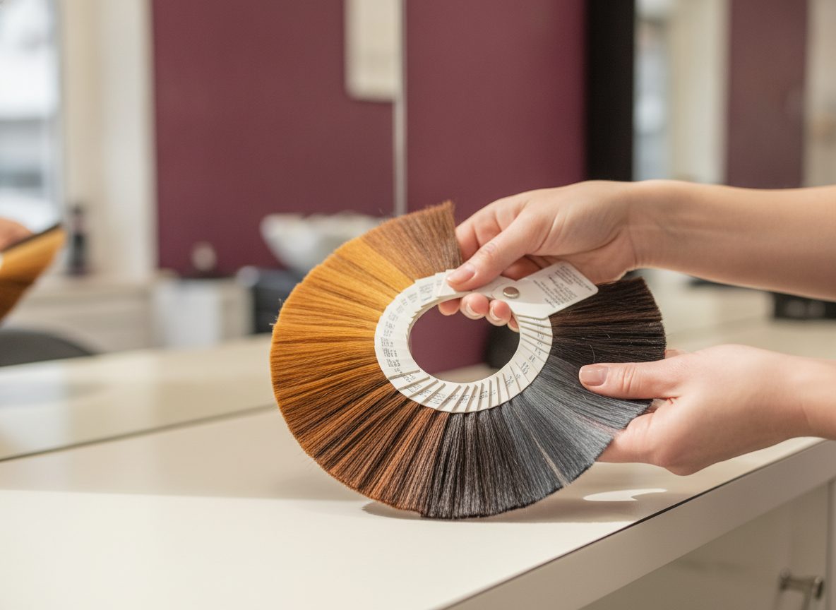 A stylist holding a fanned ring of hair-color swatches in warm caramel, brown and ash tones